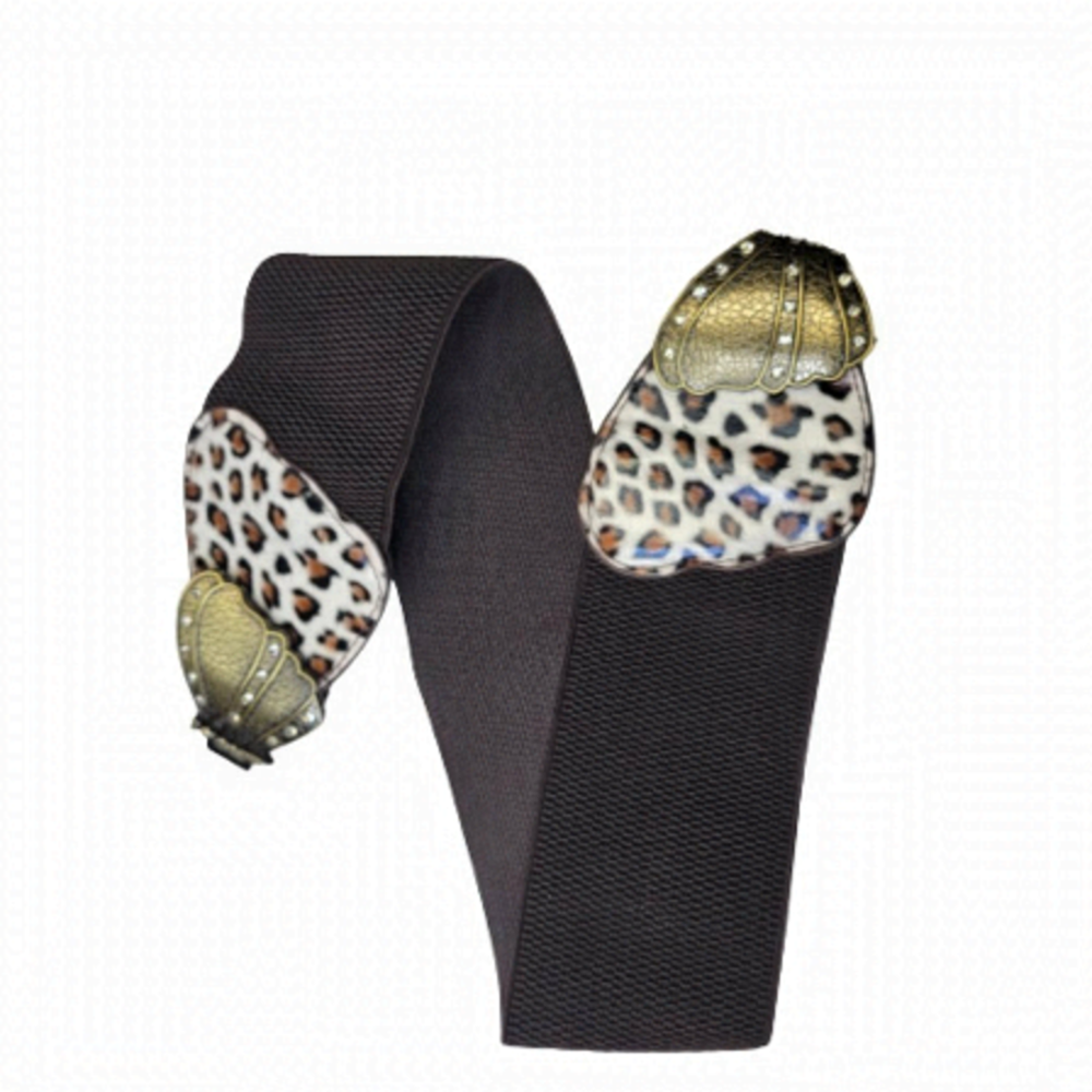 BUTTERFLY Belt Brown White Animal Print Elastic Band Antique Gold Tone Buckle